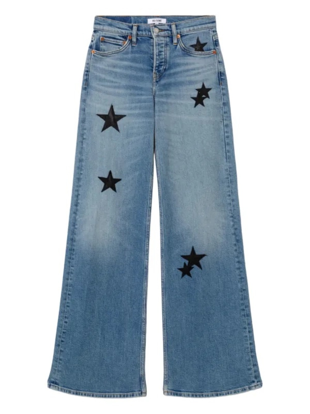 Re/Done Light Blue Wide-Leg Jeans with Black Star Appliqués